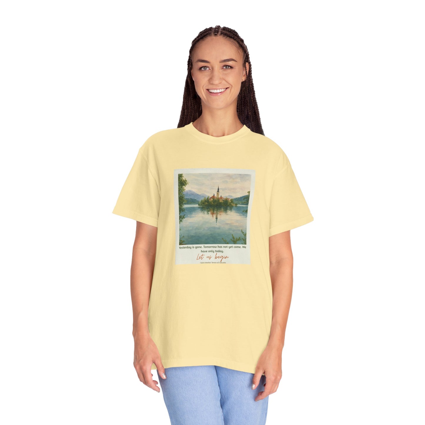 Lake Bled Watercolor Graphic with Saint Mother Teresa Quote T-Shirt