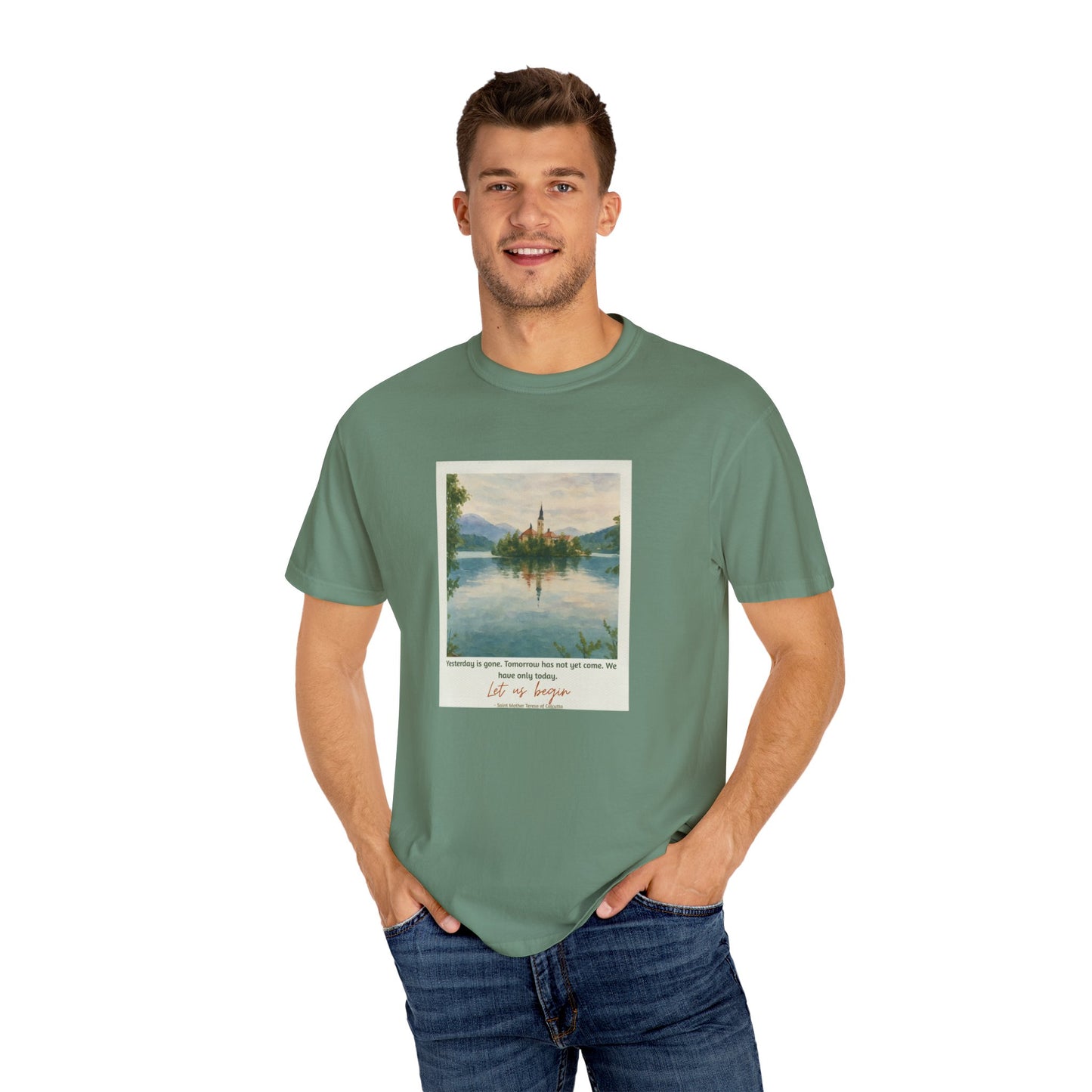 Lake Bled Watercolor Graphic with Saint Mother Teresa Quote T-Shirt