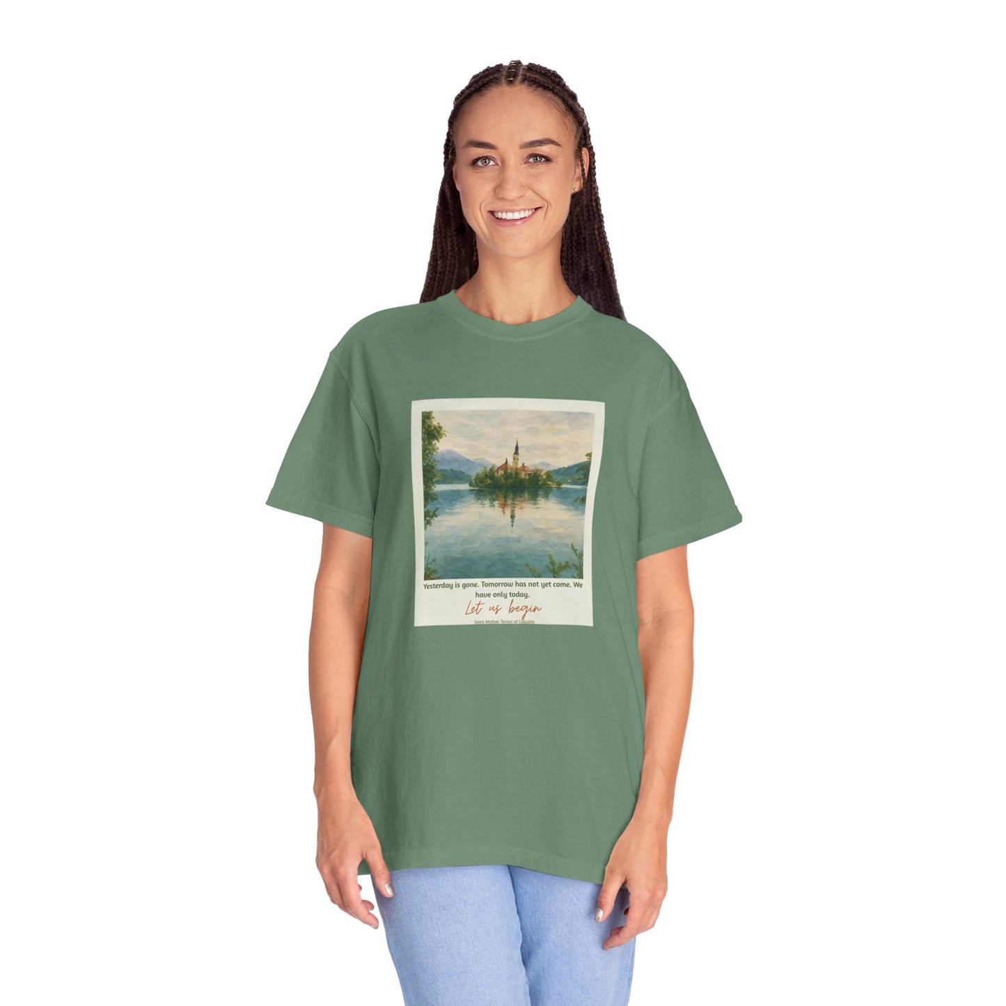 Lake Bled Watercolor Graphic with Saint Mother Teresa Quote T-Shirt