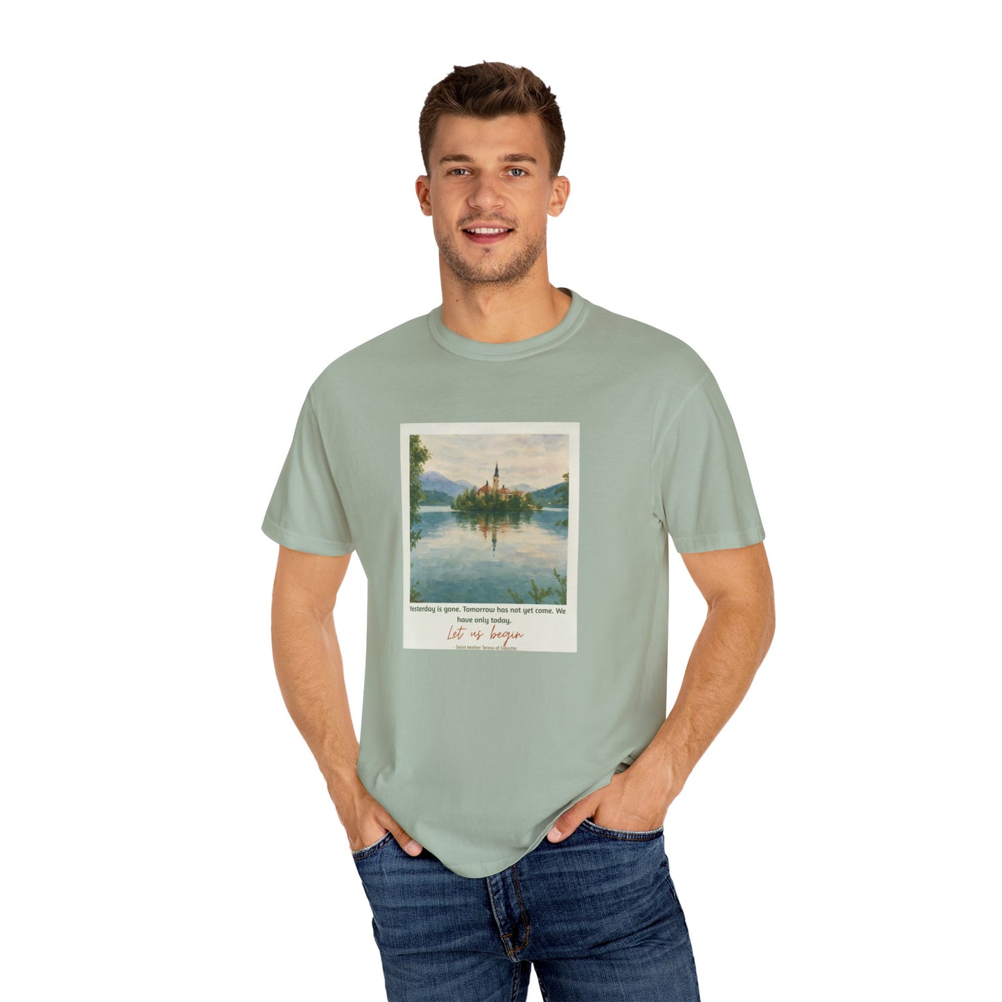 Lake Bled Watercolor Graphic with Saint Mother Teresa Quote T-Shirt