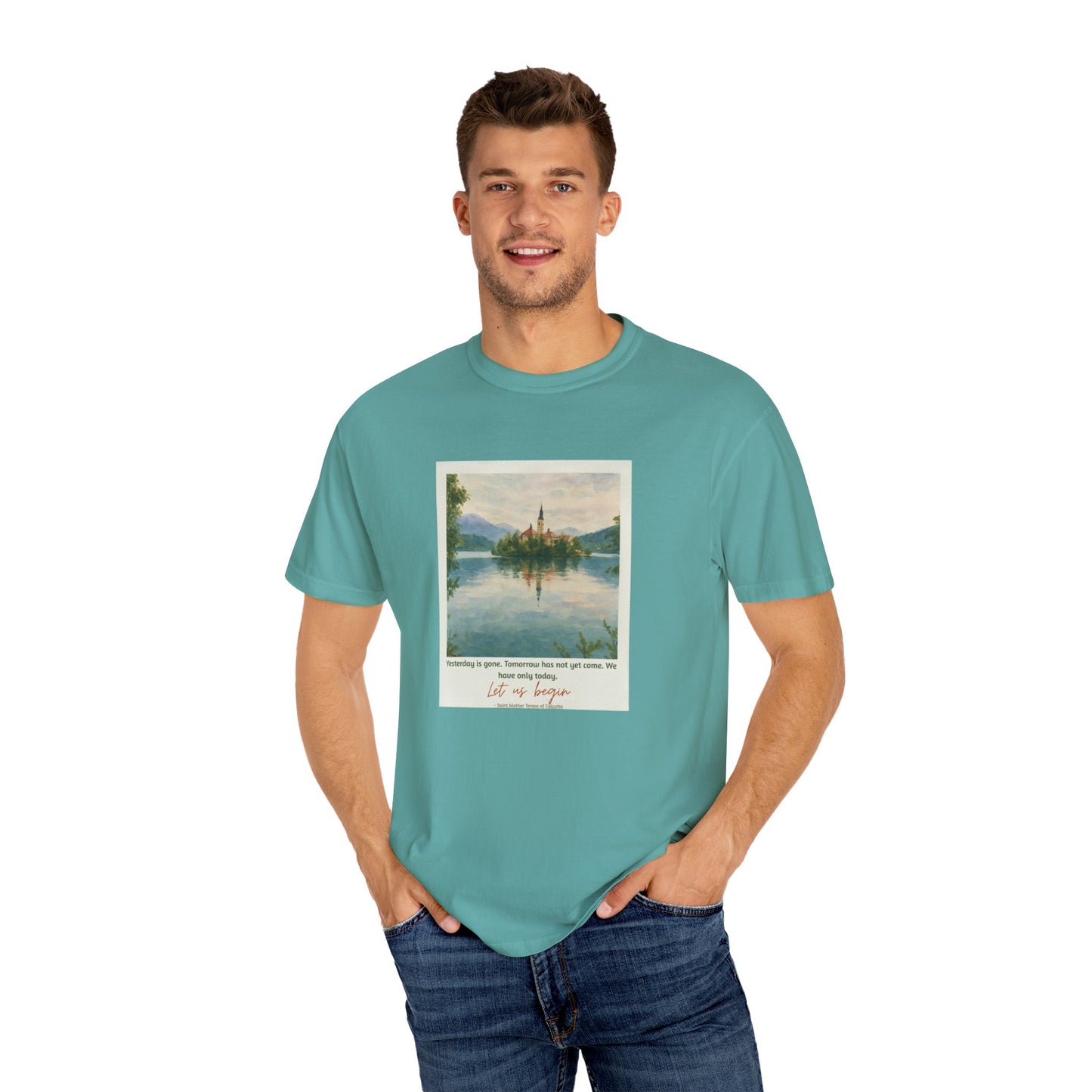 Lake Bled Watercolor Graphic with Saint Mother Teresa Quote T-Shirt