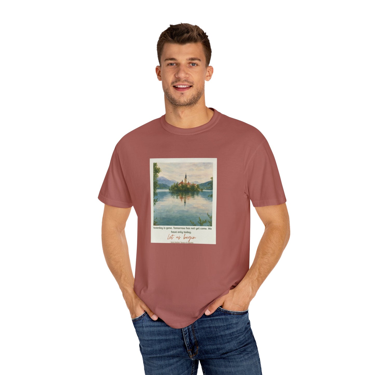 Lake Bled Watercolor Graphic with Saint Mother Teresa Quote T-Shirt