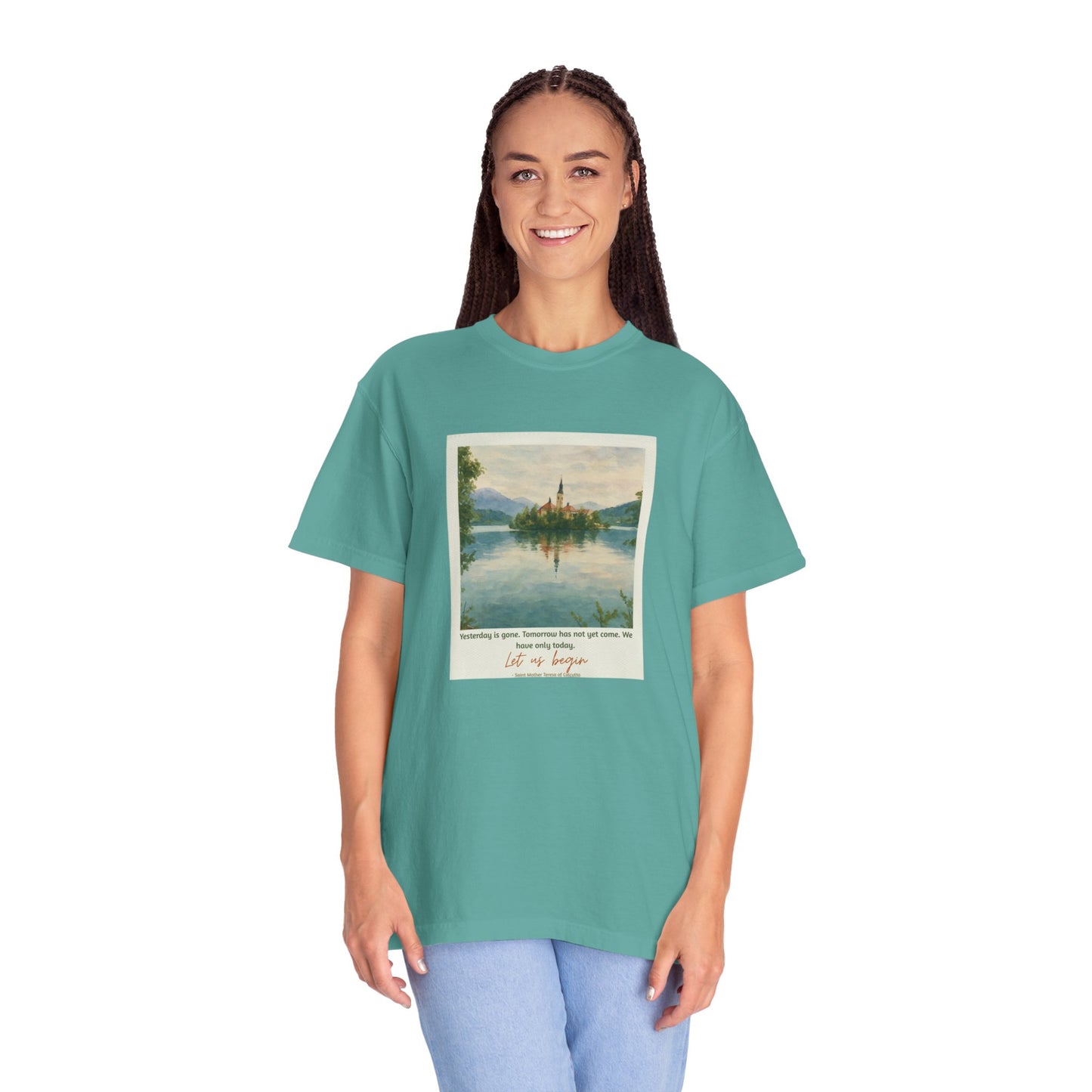 Lake Bled Watercolor Graphic with Saint Mother Teresa Quote T-Shirt