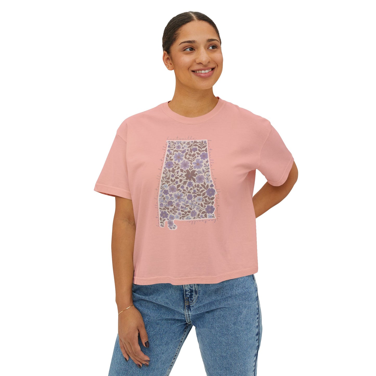 Floral Alabama Outline Women's Boxy Crop T-Shirt