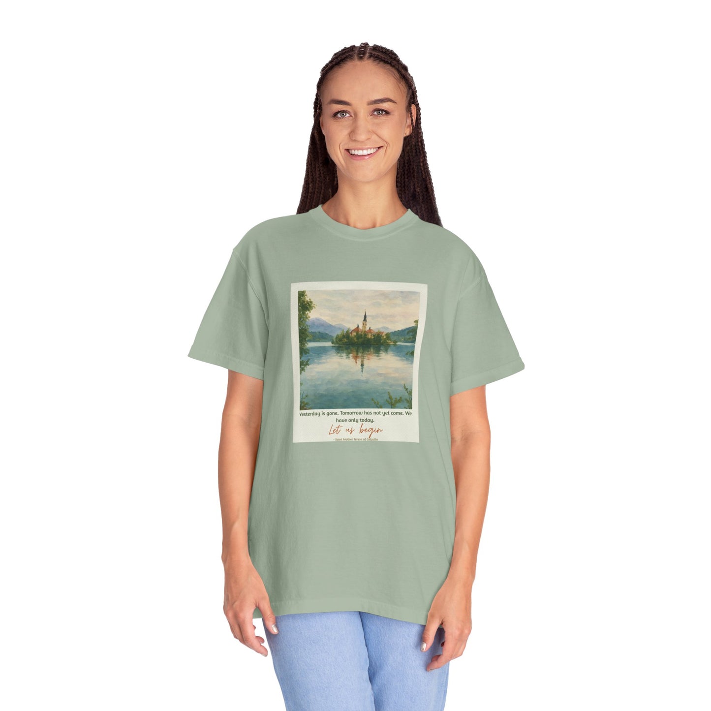 Lake Bled Watercolor Graphic with Saint Mother Teresa Quote T-Shirt