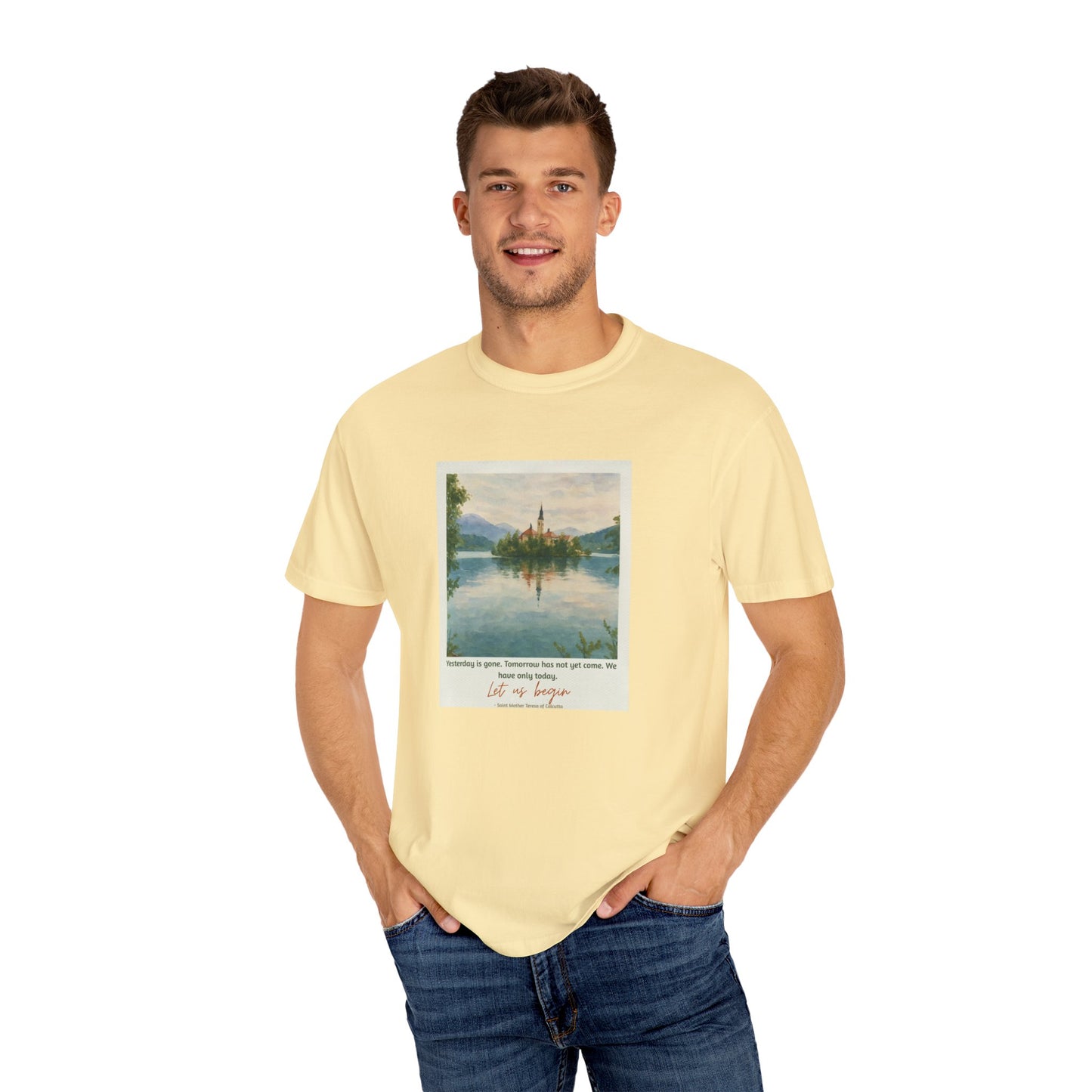 Lake Bled Watercolor Graphic with Saint Mother Teresa Quote T-Shirt
