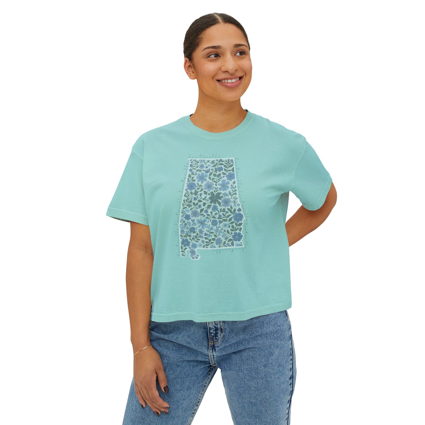 Floral Alabama Outline Women's Boxy Crop T-Shirt