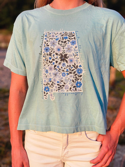 Floral Alabama Outline Women's Boxy Crop T-Shirt