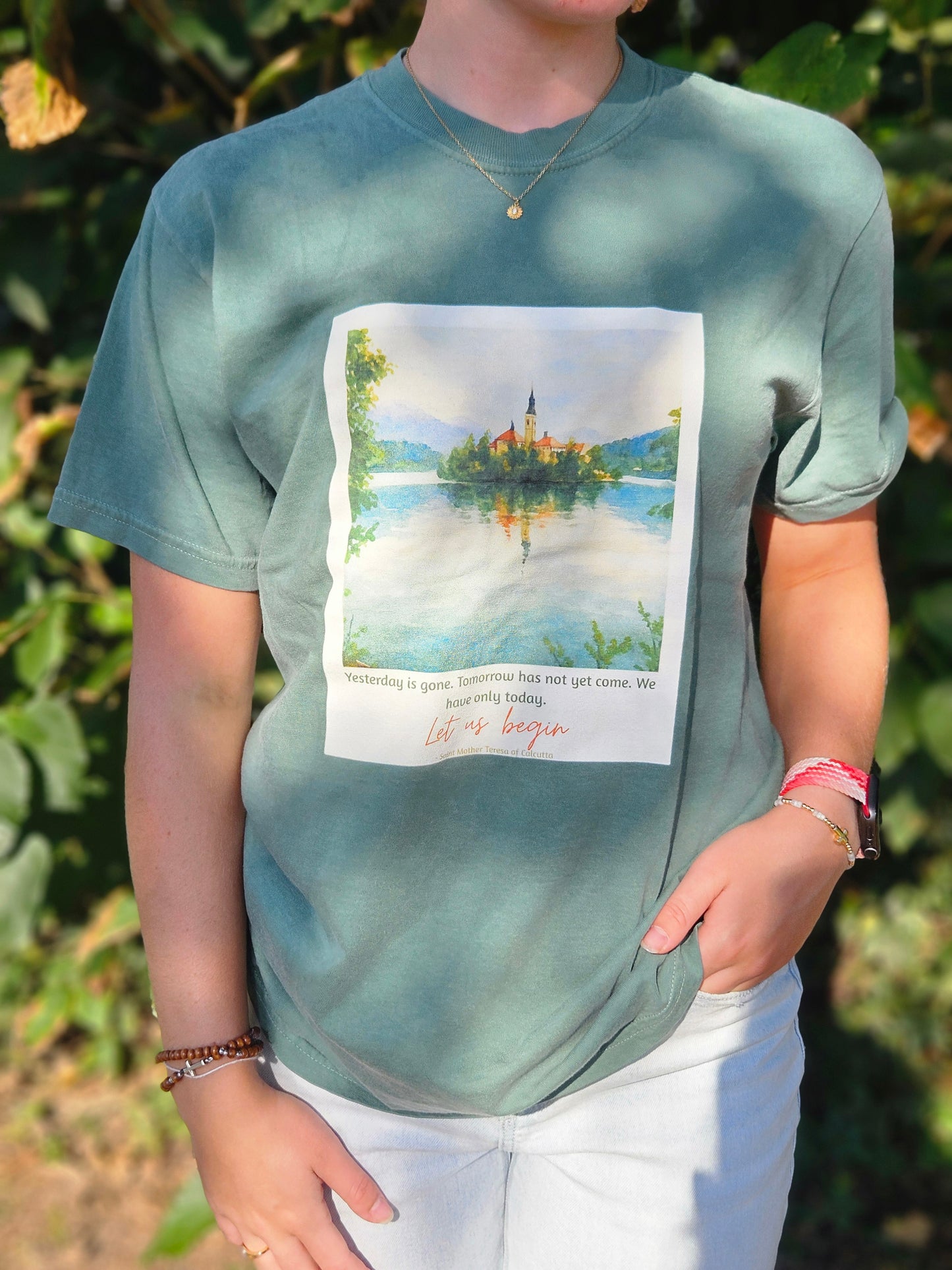 Lake Bled Watercolor Graphic with Saint Mother Teresa Quote T-Shirt