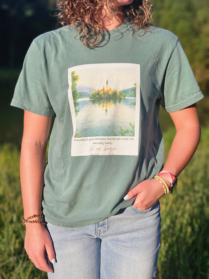 Lake Bled Watercolor Graphic with Saint Mother Teresa Quote T-Shirt