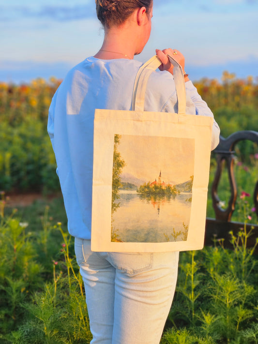 Lake Bled, Slovenia Watercolor Tote