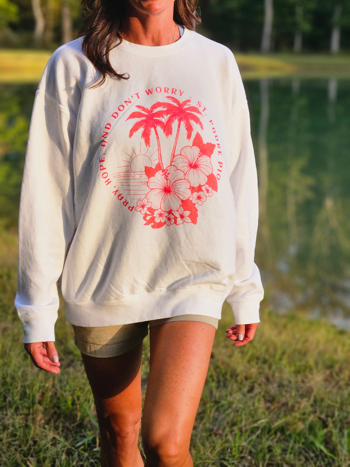 Pray, Hope, Don't Worry - Saint Padre Pio Quote Graphic Lightweight Sweatshirt