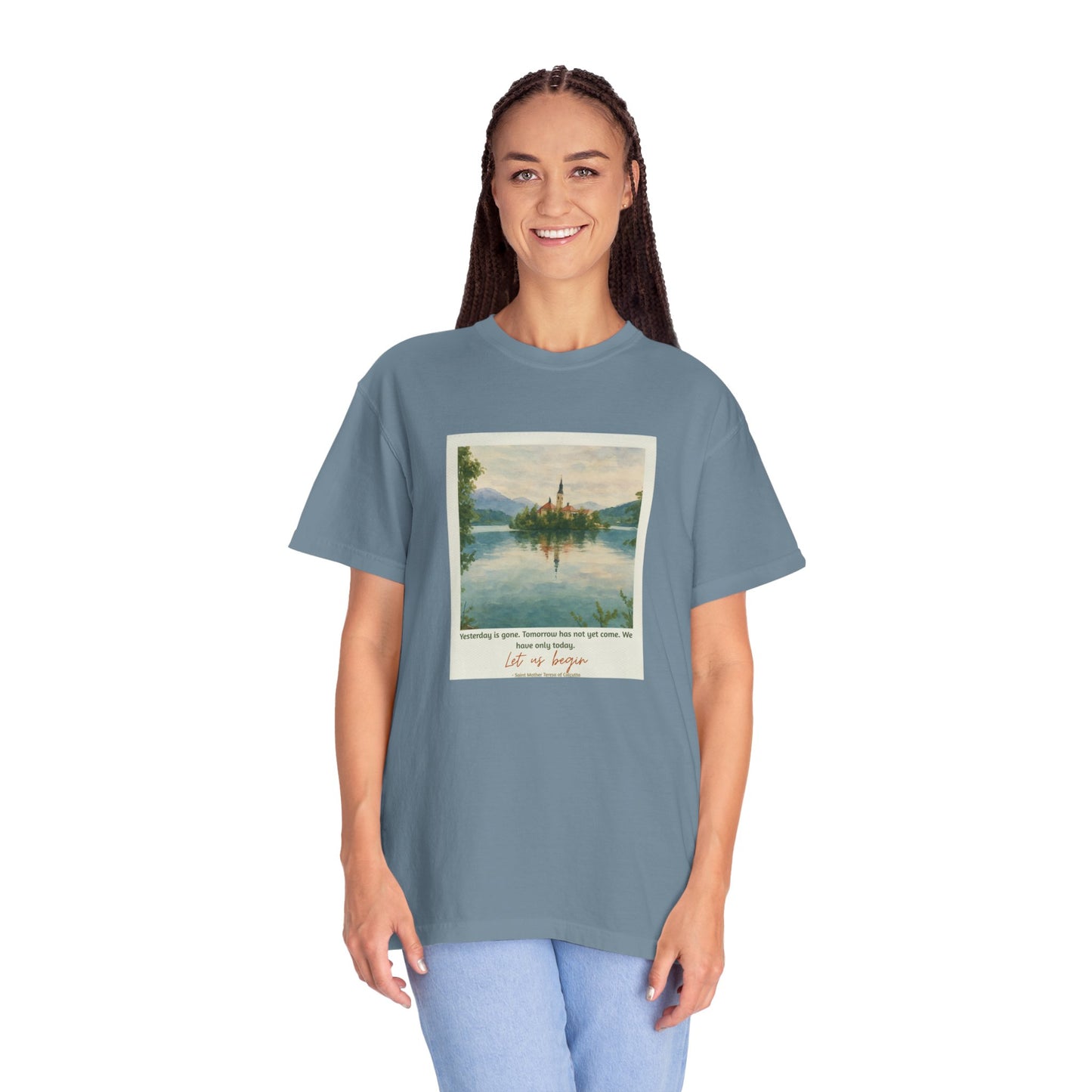 Lake Bled Watercolor Graphic with Saint Mother Teresa Quote T-Shirt