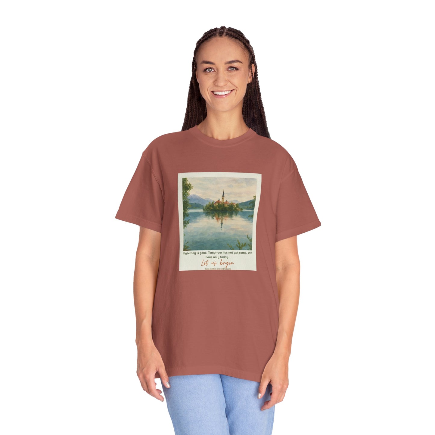 Lake Bled Watercolor Graphic with Saint Mother Teresa Quote T-Shirt