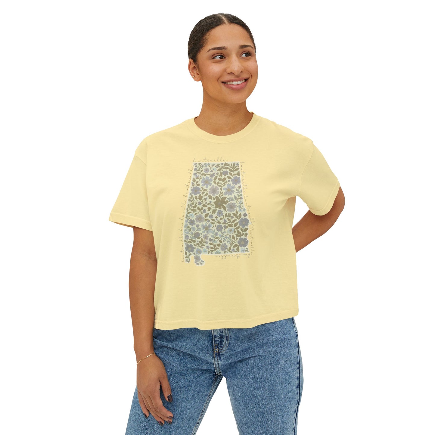 Floral Alabama Outline Women's Boxy Crop T-Shirt